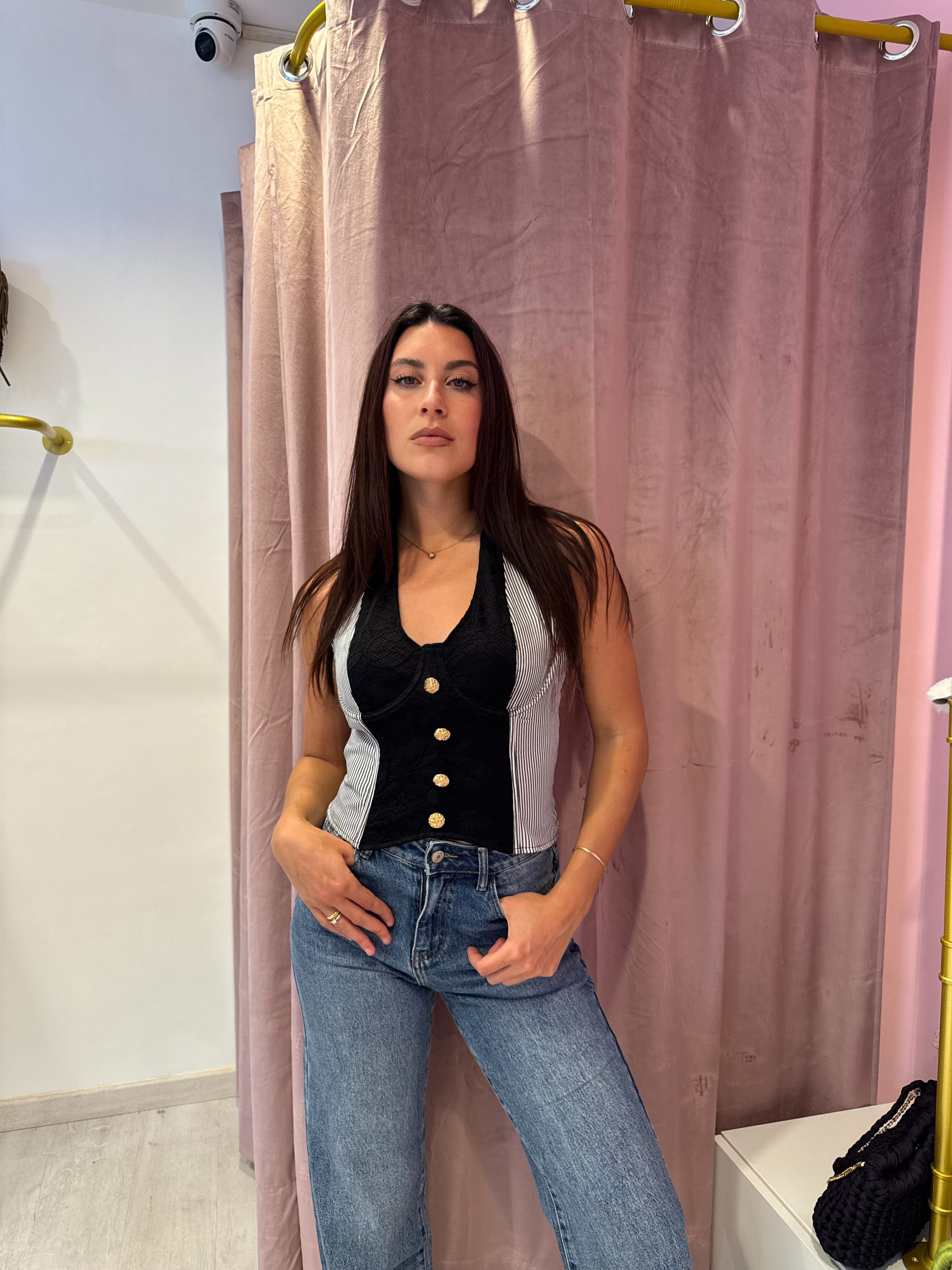 Top corsetto a righe nere e bianche
