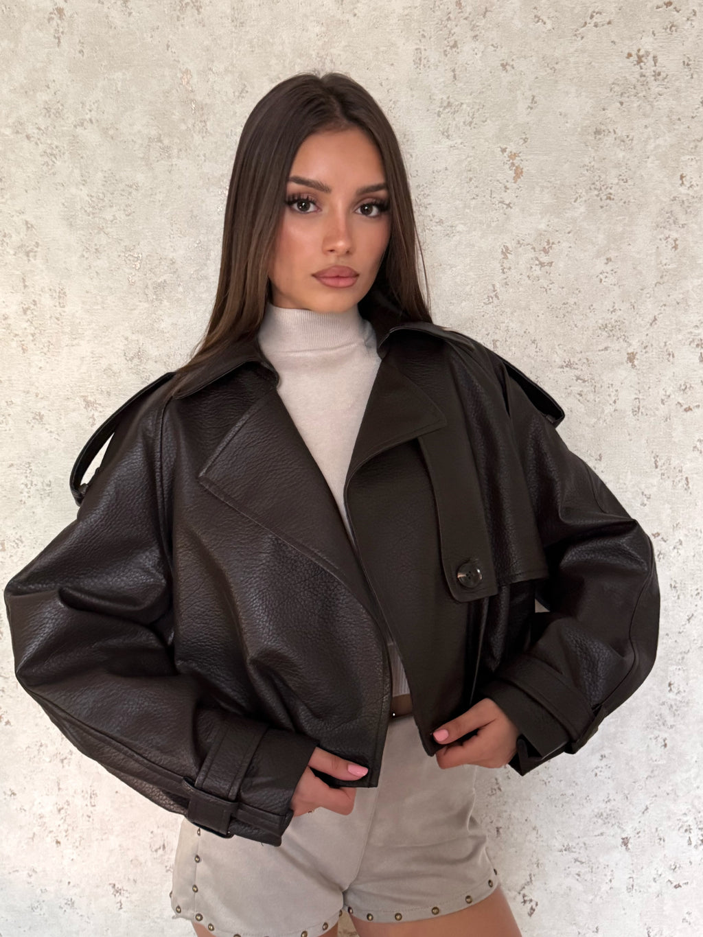Giacca eco-pelle brown martellato