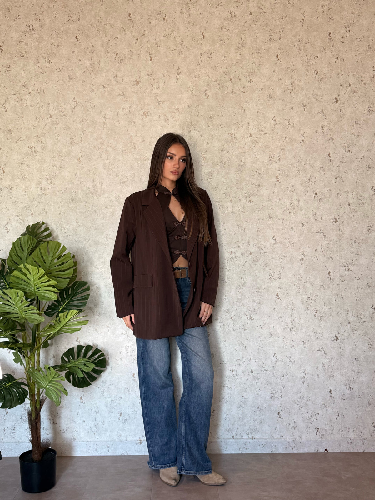 Giacca blazer marrone gessata